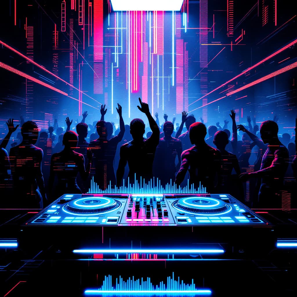 AI generated: A dark, futuristic underground club, filled with pulsating neon lights and glitching electronic visu...