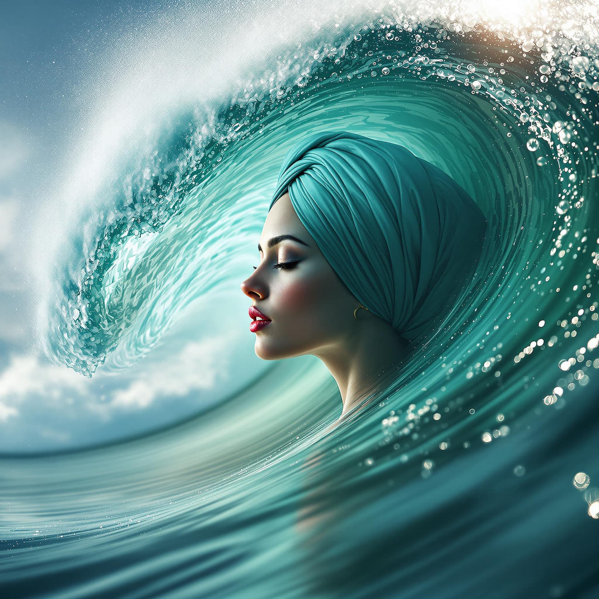AI generated: An image of a digital art piece where a woman's profile is harmoniously blended with a powerful ocea...