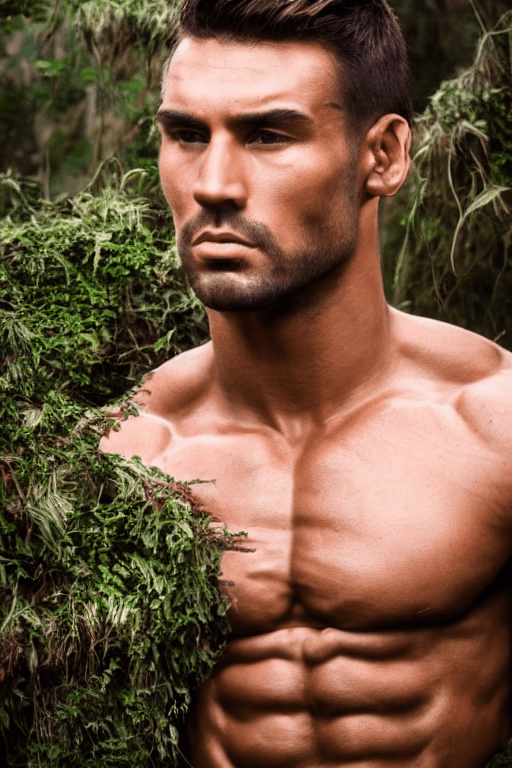 AI generated: close up, portrait of a muscular man, chiseled features, mythological, god of nature, defined muscle...