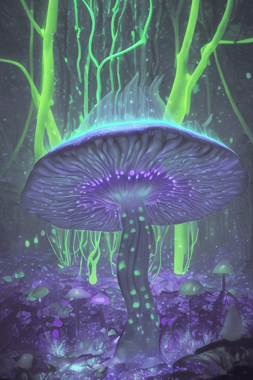 AI generated: neon glowing bioluminescent soft skinned mushroom with luminous forest backdrop, incredible detail, ...