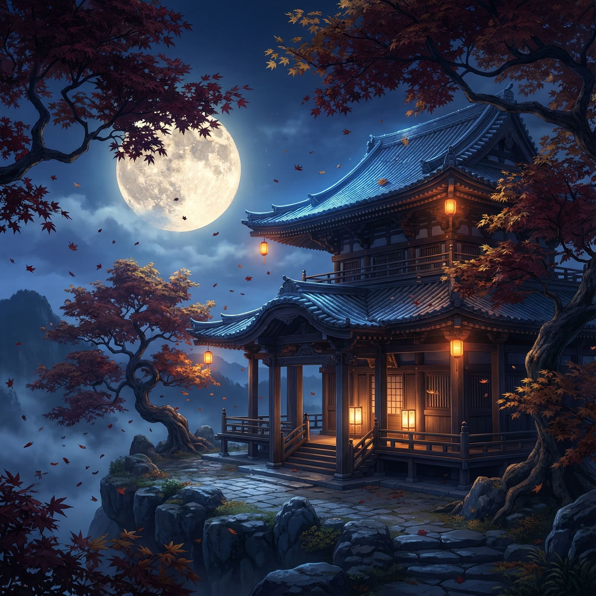 AI generated: Prompt used:
"An ultra-cinematic fantasy night scene featuring a traditional Japanese wooden temple ...