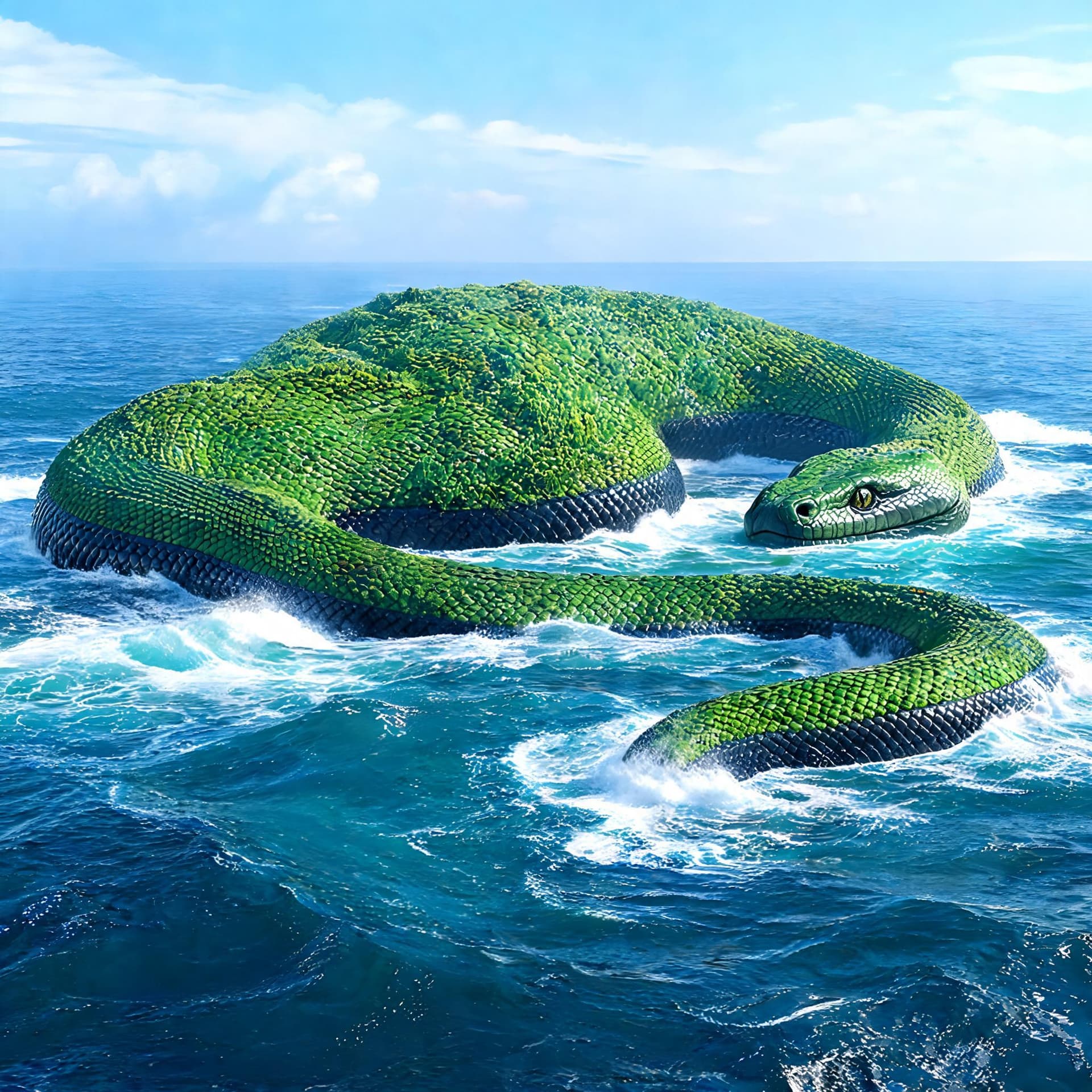 AI generated: a giant snake as big as an island that has green scales with a black belly