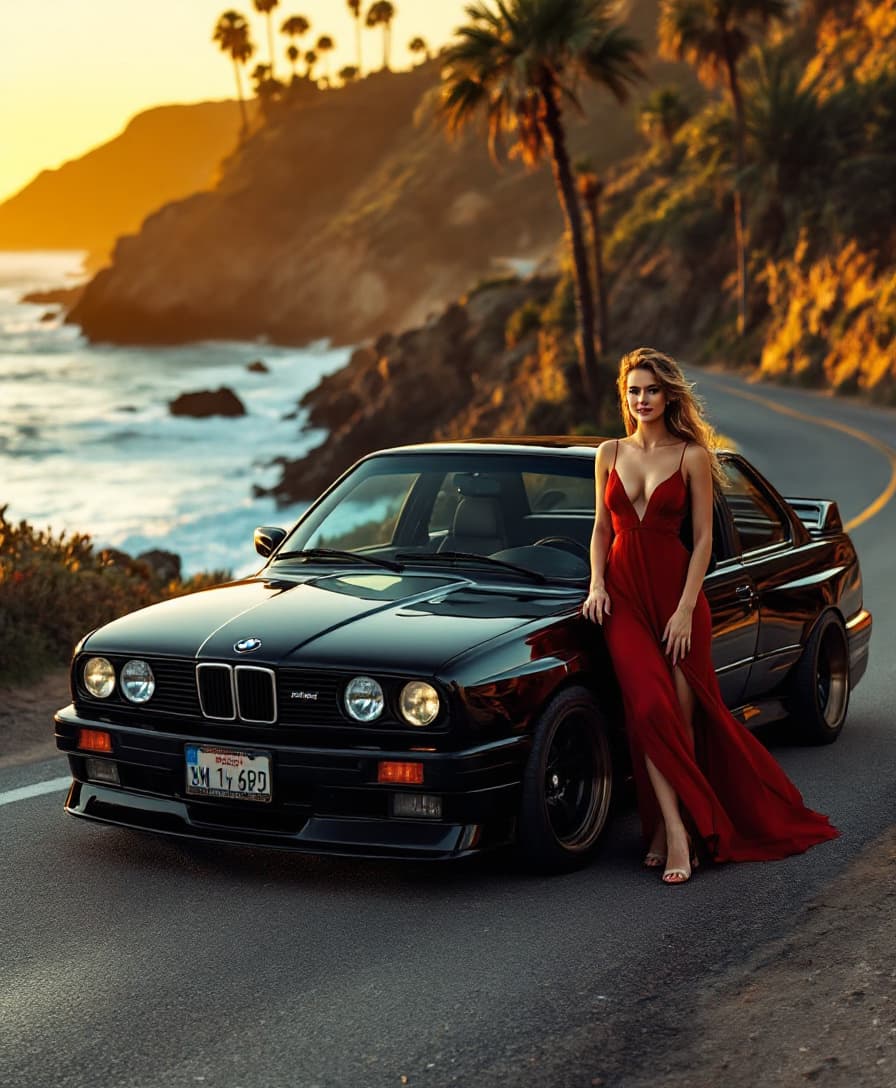 AI generated: A sleek BMW e30, its glossy black paint reflecting the golden hues of a sunset, stands proudly on a ...