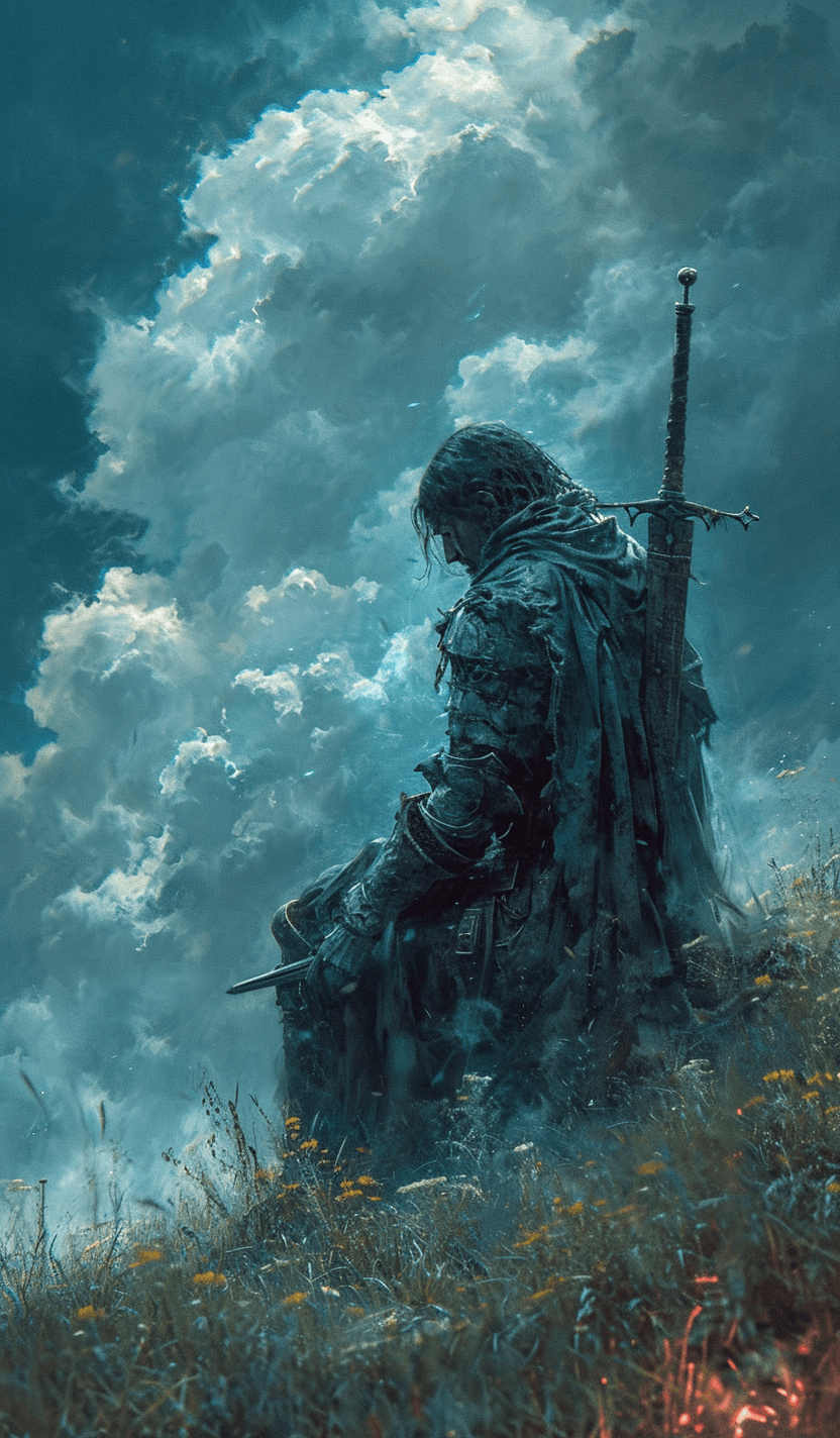 AI generated: a painting of a knight sitting outdoors, in the style of dark sky-blue and light cyan, ethereal, dre...