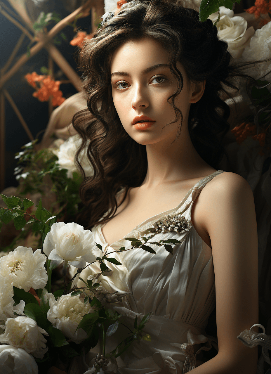 AI generated: young female korean actress wearing a white dress, in the style of photo-realistic, light brown and ...