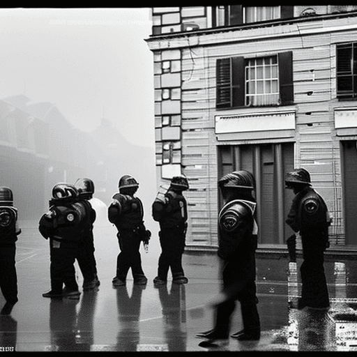 AI generated: Photography, Peter Lindbergh, 2023. It is raining in a heavy way. A group of cops close a street to ...