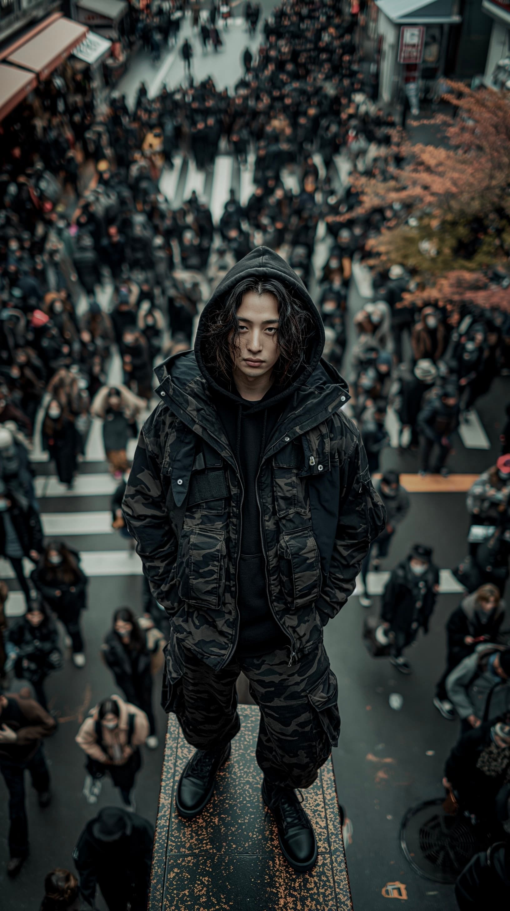 AI generated: Photography, high aerial view, korean model, standing on massive a complicated crosswalk center insp...