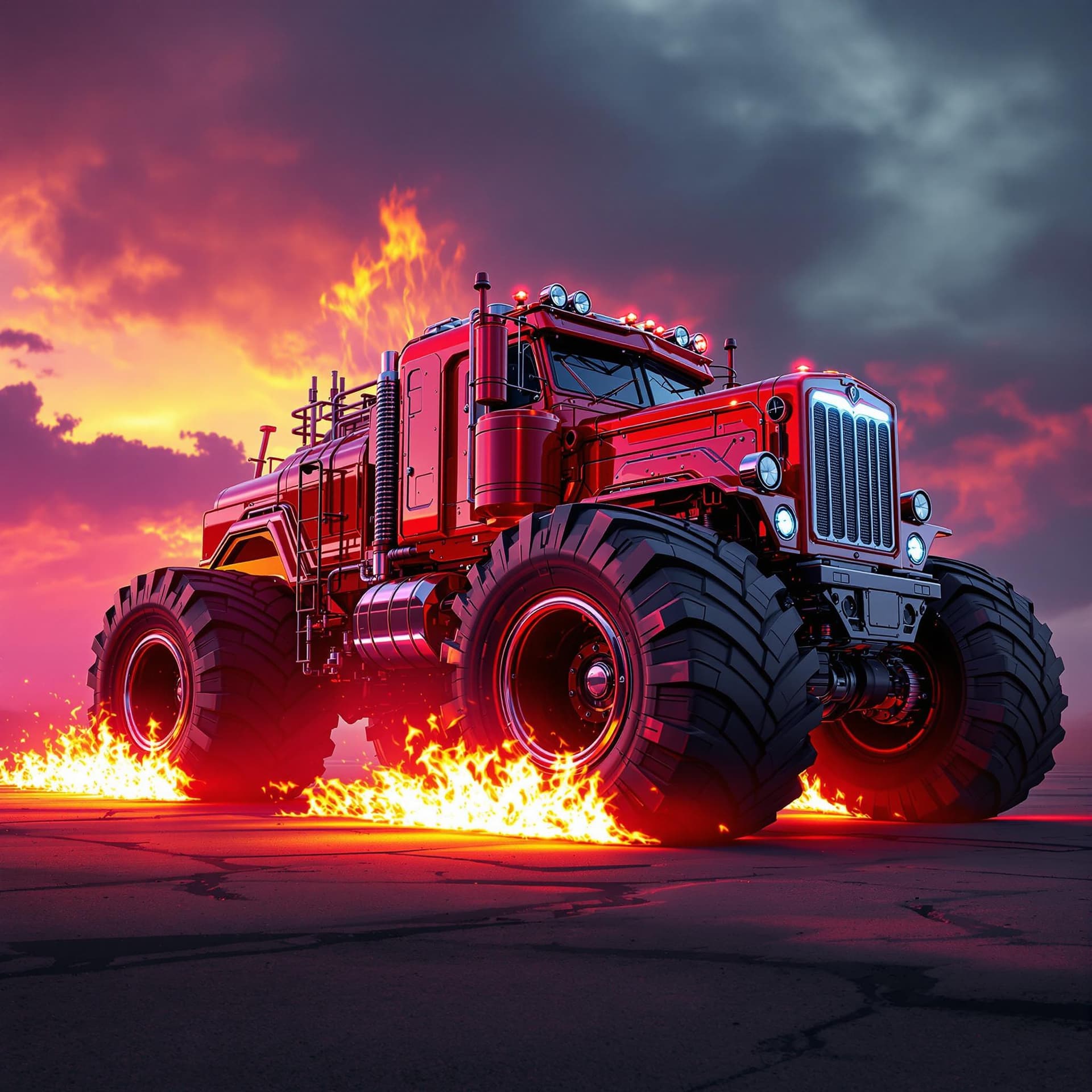 AI generated: side view of a shiny red cybertruck with huge rear tires that has realistic flames coming off the ti...