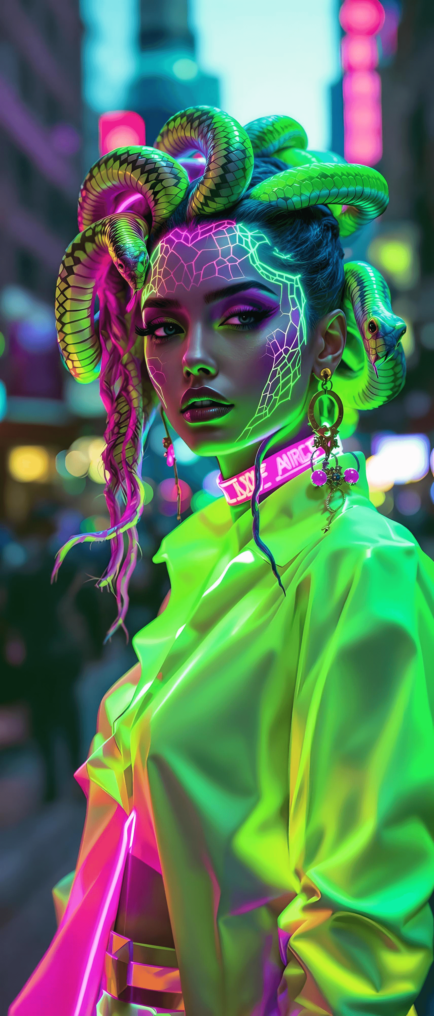 AI generated: A woman with neon green glowing skin and intricate face paint, embodying Medusa with live green snak...