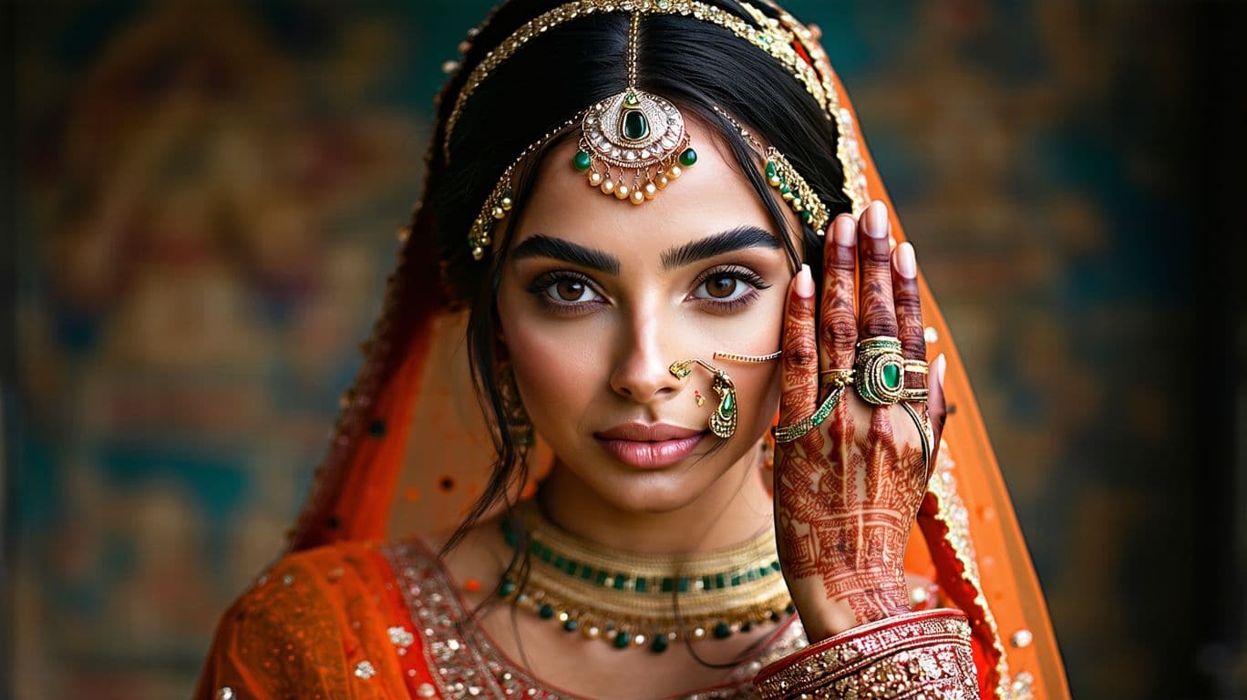 AI generated: a beautiful Indian bride in traditional wear with henna covering her hands, in the style of light re...