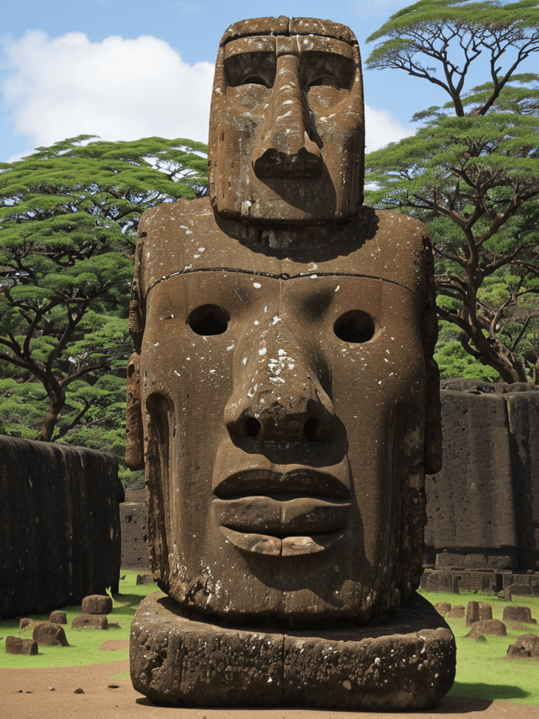 AI generated: A moai, one of the famed, giant stone