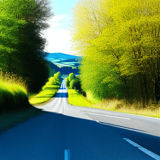 AI generated: empty road as seen by a car driver. Bright sunny day in the countryside. Style:photo
