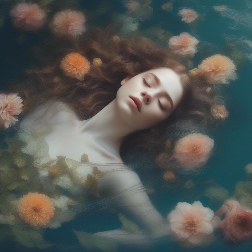 AI generated: Ophelia, woman floating in water. Top down view. View from above. Ethereal beauty. Masterpiece. Perf...