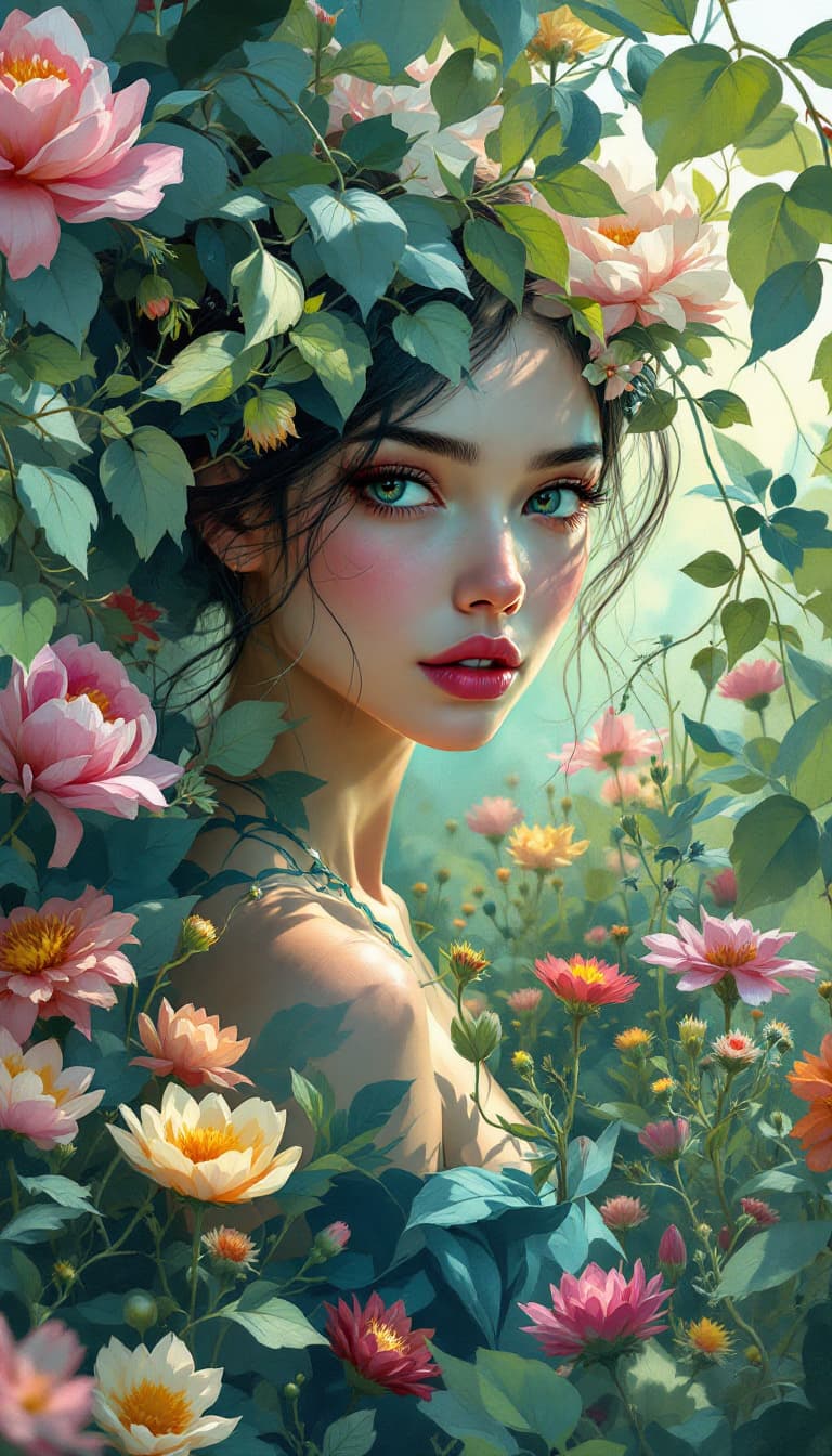 AI generated: A surrealist-style digital illustration of a Rule 63, full-body female gardener, with esthetically d...