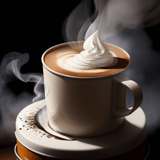 AI generated: The image captures a hot steeming vapour coming out of a tin cup of coffee and cream. The hot vapour...