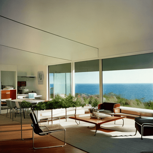 AI generated: Hyper realistic eye level exterior photo of a mid century modern style house overlooking the ocean, ...