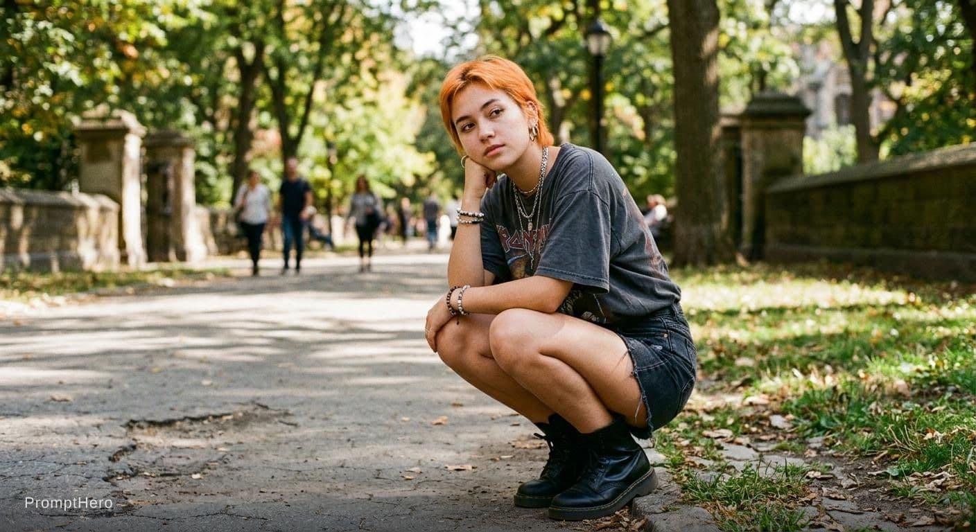 AI generated: An artistic composition featuring a person with orange hair casually squatting in a park, capturing ...
