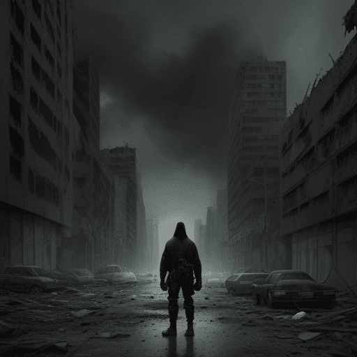 AI generated: A post-apocalyptic world, a lone man in a strong black hood amidst the chaos, detailed and dynamic i...