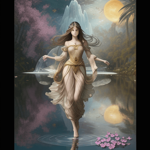 AI generated: Bruguel and ((Waterhouse)) style. Full body ((woman)), with a perfect and beautiful face, in a surre...