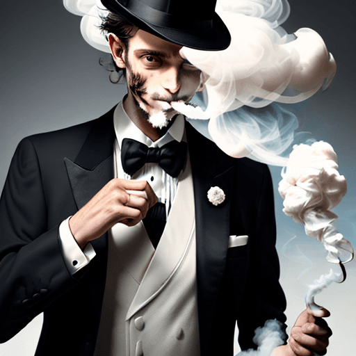 AI generated: Man in tuxedo holding a hat in his hand that is emitting white rising smoke
