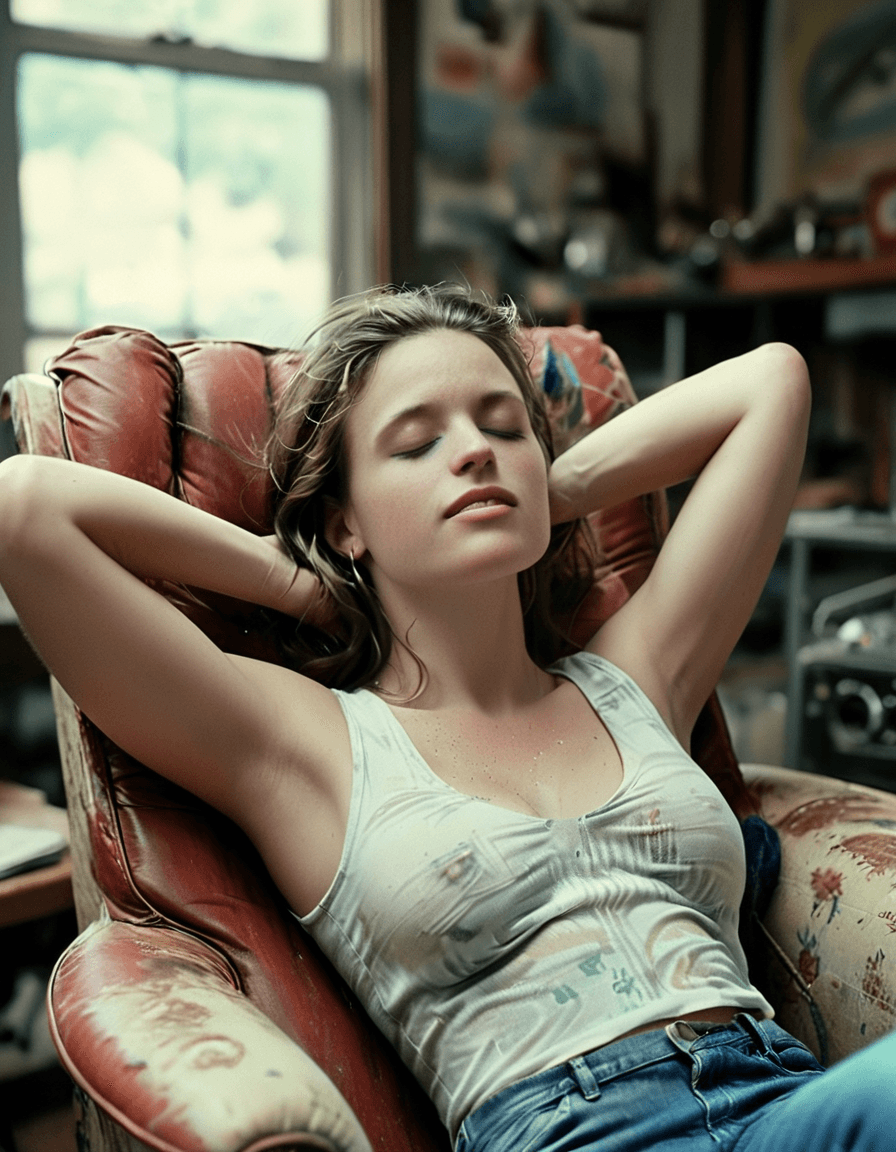 AI generated: candid, analog film photograph, woman, leaning back in a comfy chair, relaxing, eyes closed, mouth s...