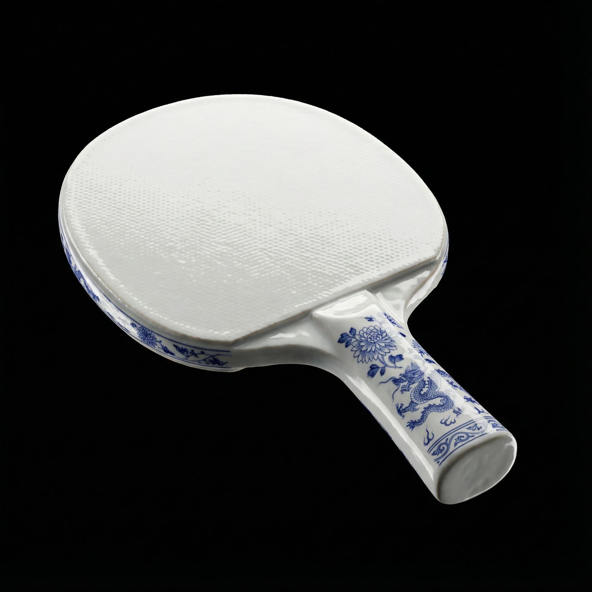 AI generated: A hyper-realistic editorial 3D render of a ping pong racket sculpted from fine porcelain china, phot...