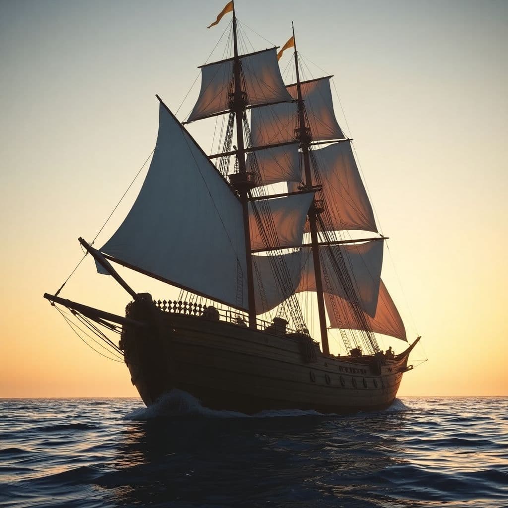 AI generated: Photo of a ultra realistic sailing ship, dramatic light, pale sunrise, cinematic lighting, battered,...