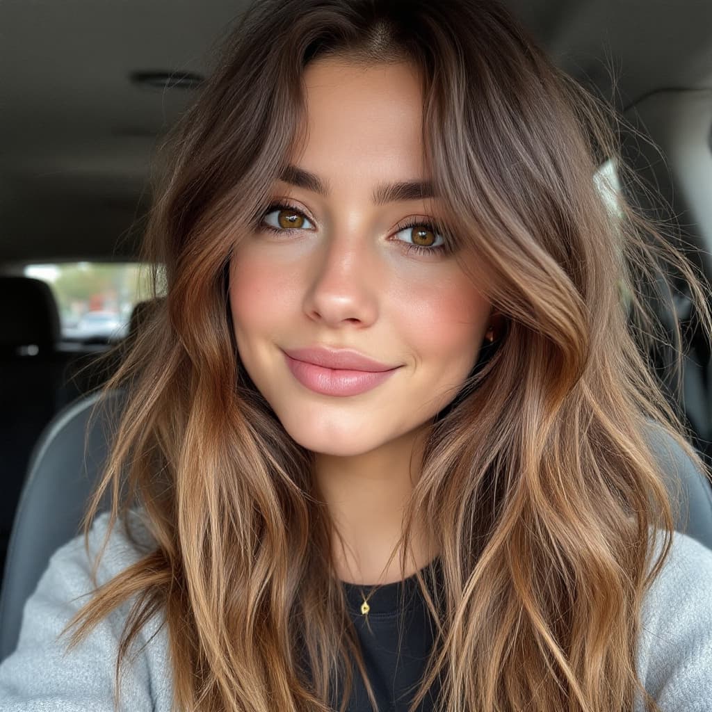 AI generated: She has brown semi long hair, Messy hair,