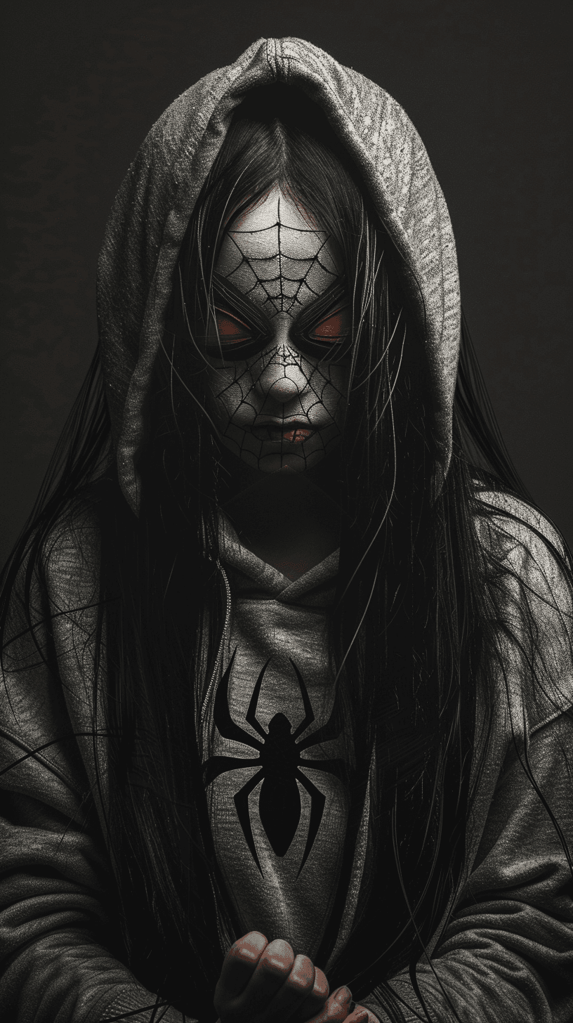 AI generated: A female Spider-Man with long black hair wearing a grey sweater, hoodie and face paint holding two b...