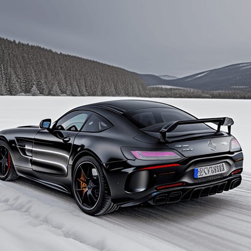 AI generated: Mercedes AMG GTR im Winter , Farbe des KFZ ist schwarz  