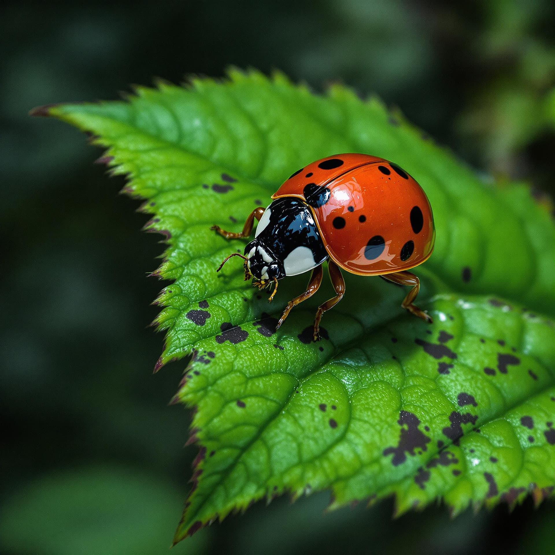 AI generated: A ladybug sitting on a beautiful green leaf with a scary background