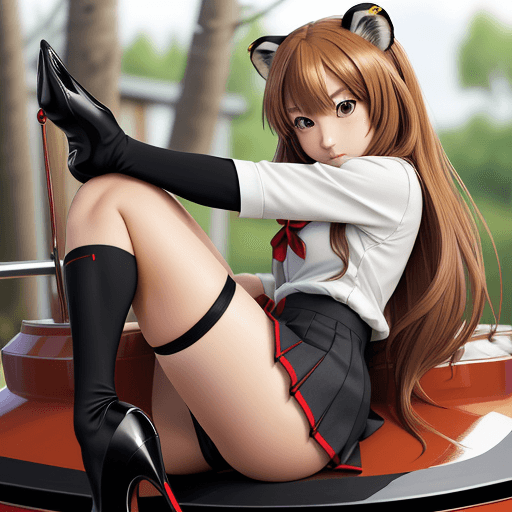 AI generated: masterpiece, taiga aisaka, smug, cute face, anime, anime face, girl sit on the front of realistic ta...