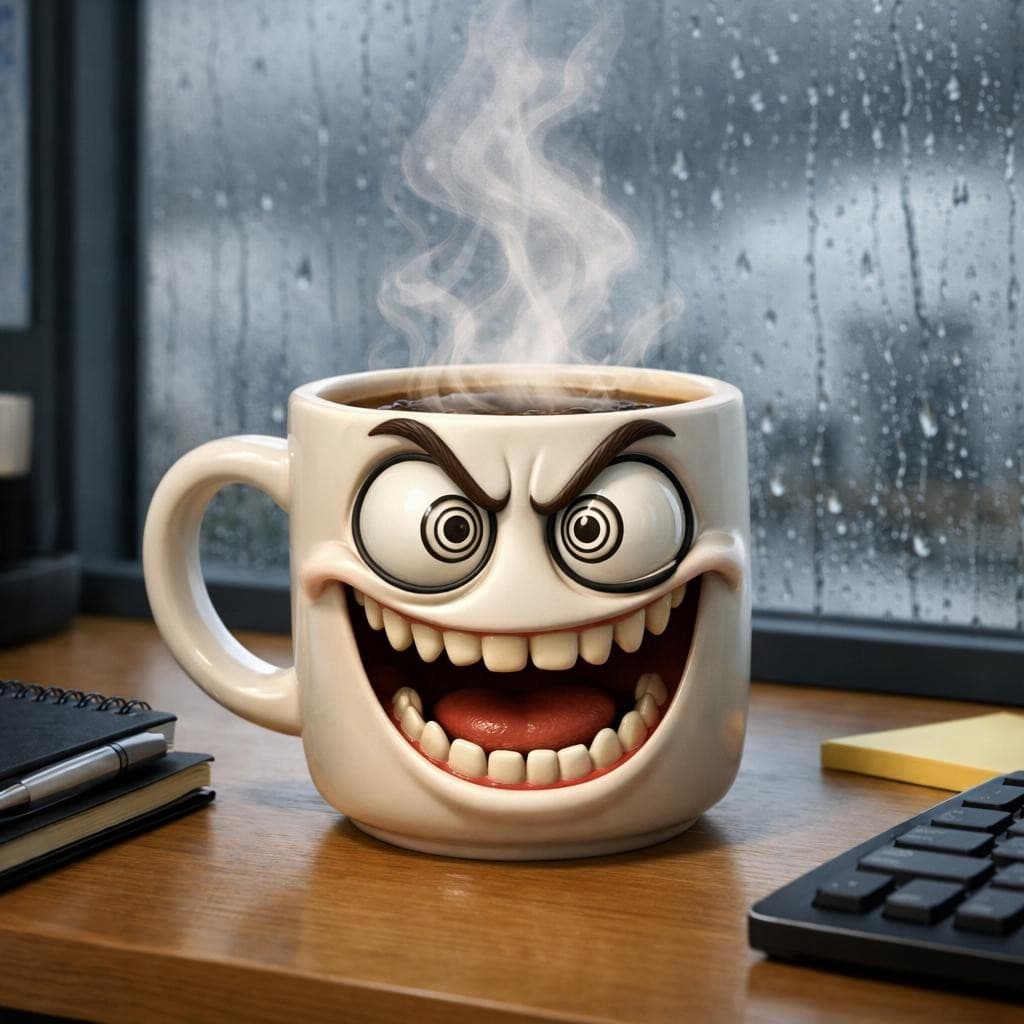 AI generated: Anthropomorphic ceramic coffee mug with Exaggerated manic eyes and crazed mouth expression, steam ri...
