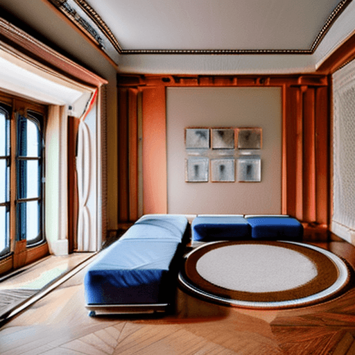 AI generated: High resolution photography interior design, dreamy sunken living room conversation pit, wooden floo...