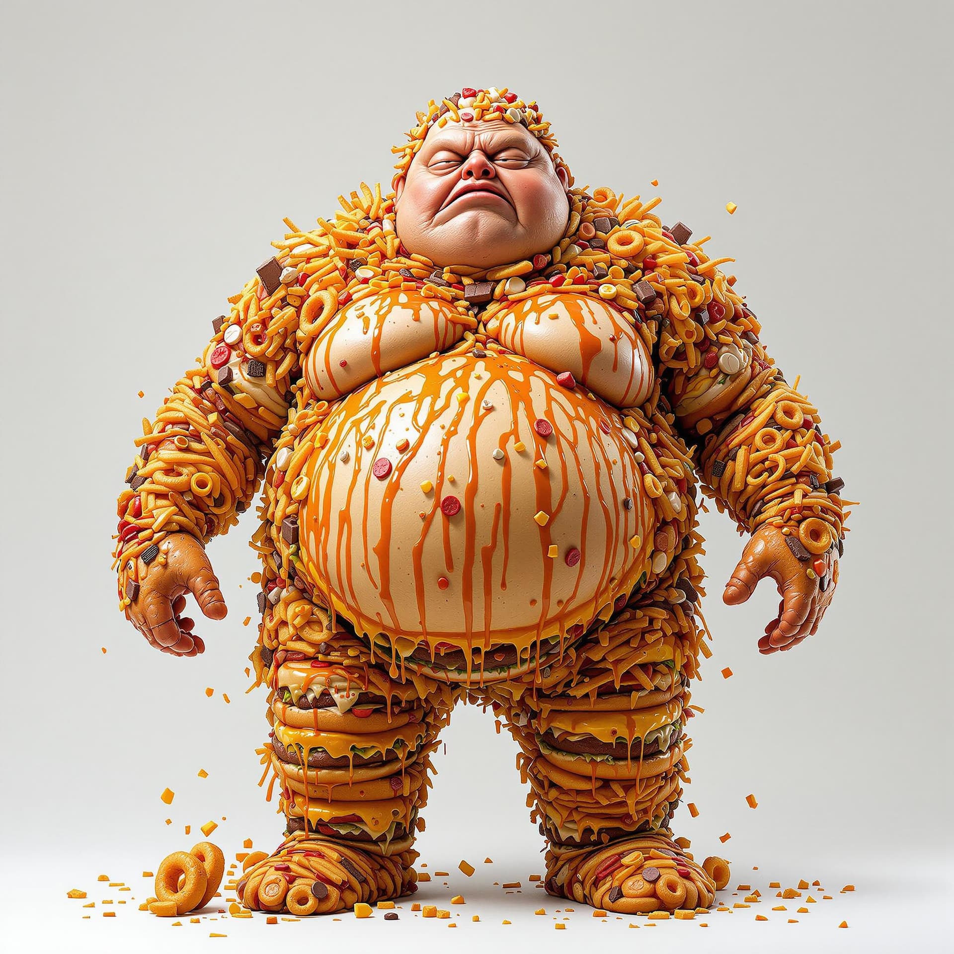 AI generated: A highly detailed, grotesquely overweight humanoid figure made entirely of processed junk food, capt...