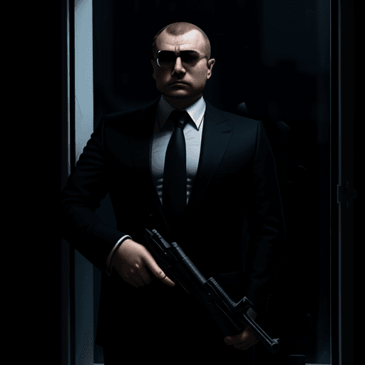 AI generated:  Russian drug lord in a black suit standing next to a window and holding a gun, high resolution, dar...