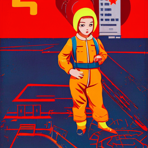 AI generated: young girl in a sci-fi suit (tight overalls), Soviet style poster, USSR poster, warehouse, sunny wea...
