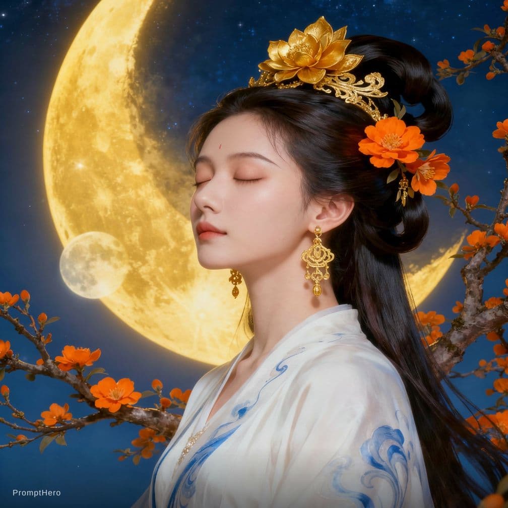 AI generated: Photorealistic artwork of a serene, celestial Asian-inspired woman with pale, porcelain skin and del...