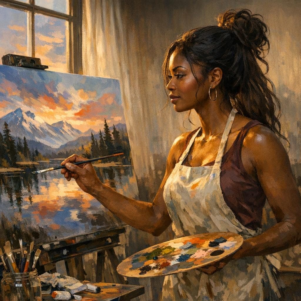 AI generated: window, dark-brown-skinned female, canvas painting