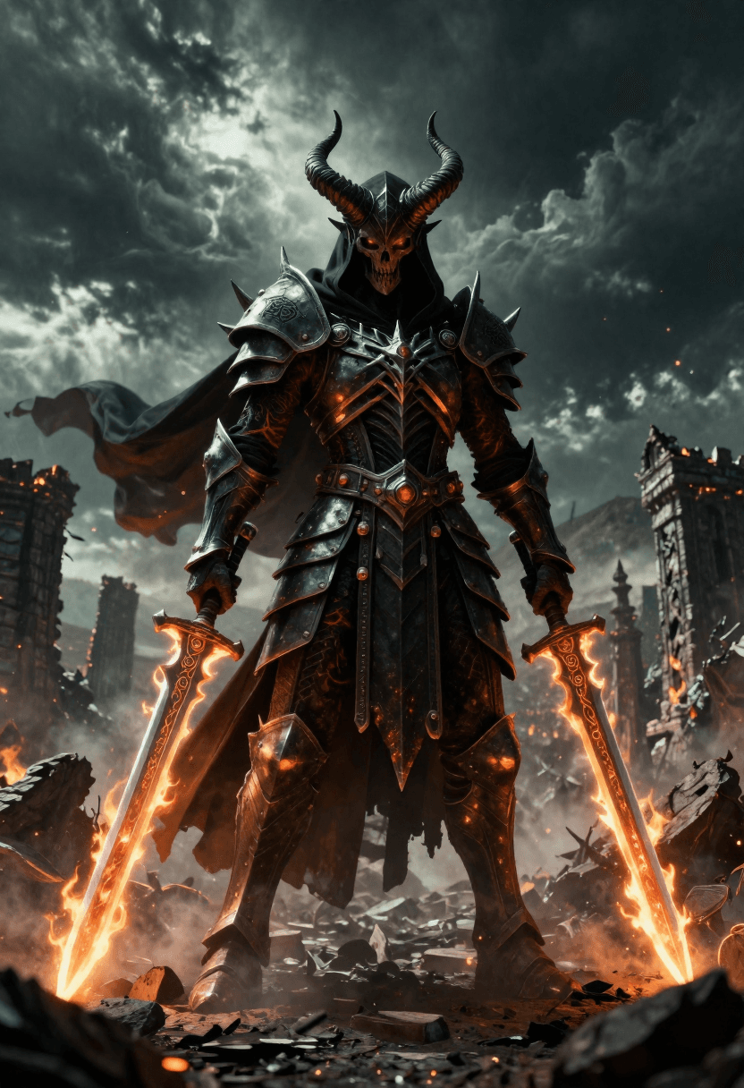 AI generated: A towering demonic figure stands at the center of a desolate battlefield under an ominous sky filled...