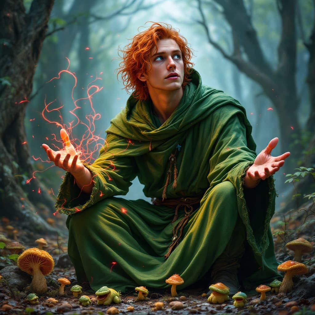 AI generated: Orange-haired wizard in his early 20s in classic mage robes, green with blue and red highlights. He ...