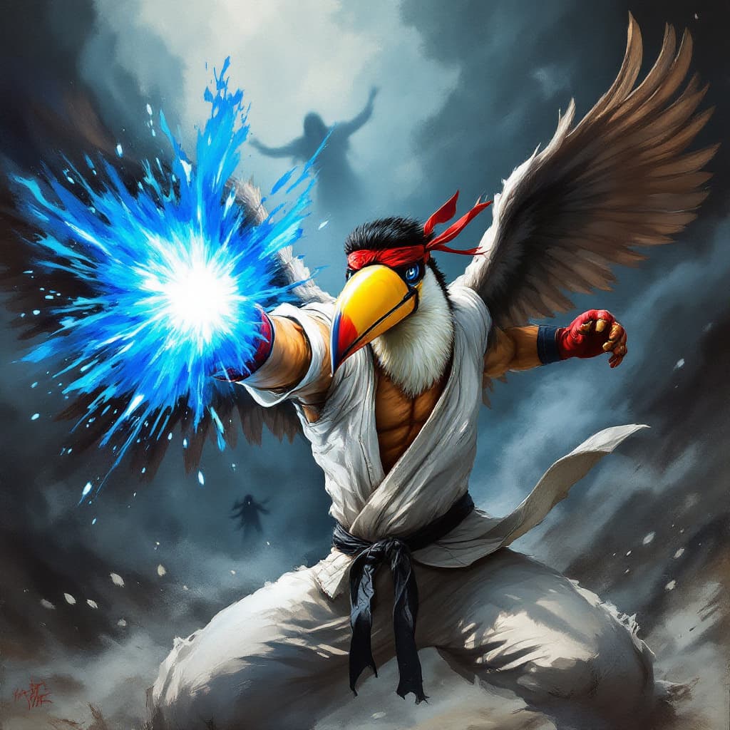 AI generated: 
A dramatic, stylized painting of a toucan dressed as Ryu from Street Fighter IV, facing the camera ...