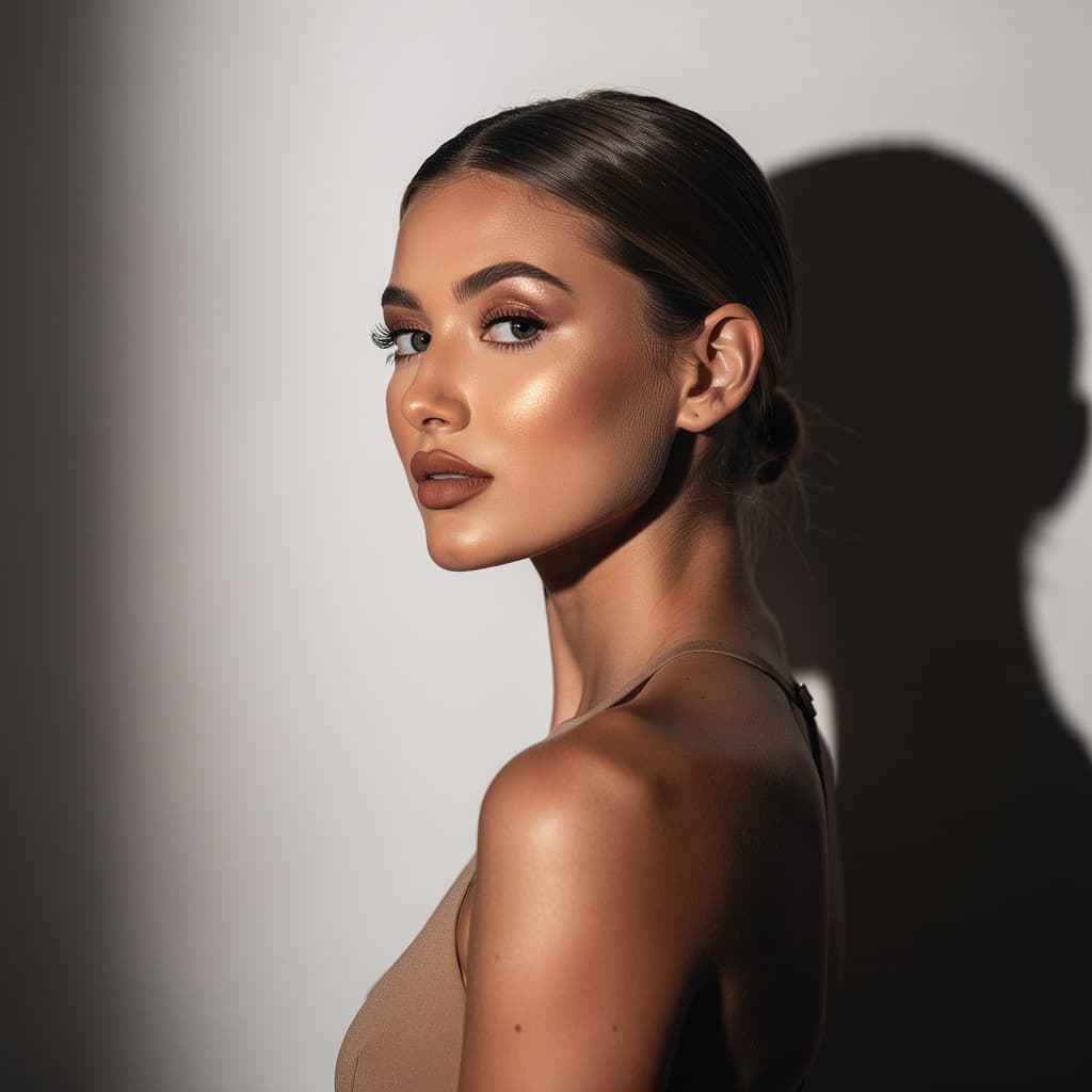 AI generated:  photo of a woman with shadow.,in the style of minimalist beauty,light bronze and bronze,serene face...
