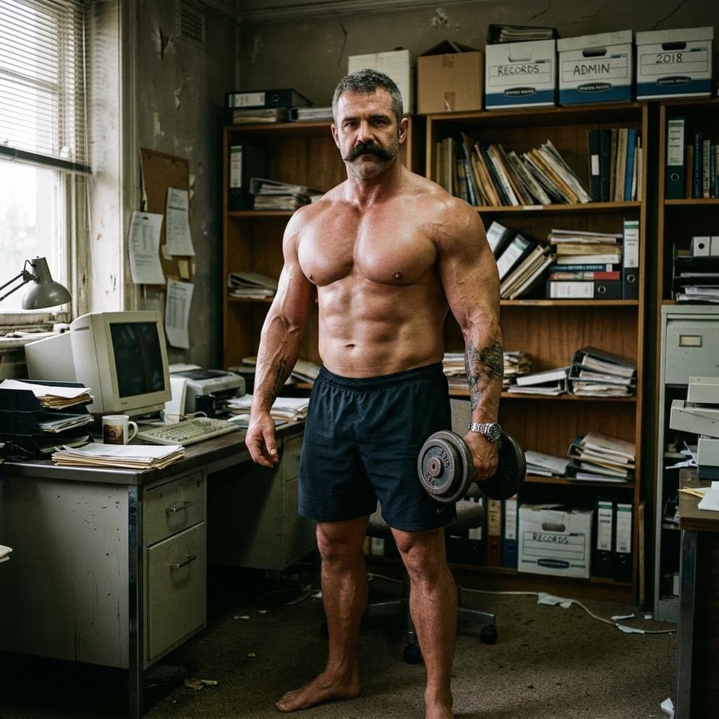 AI generated: realistic muscular 40-year-old daddy bodybuilder, with huge chest muscles, with handlebar mustache, ...