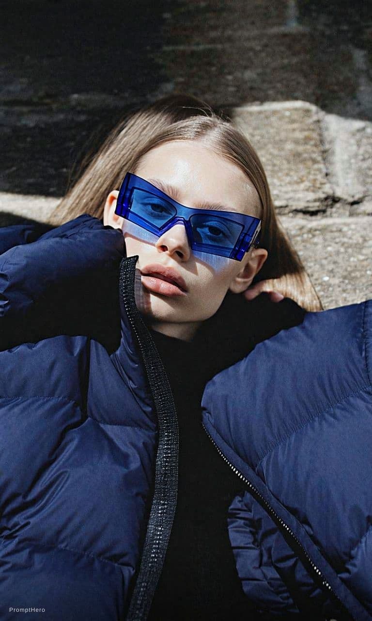 AI generated: Fashion shoot, Jacquemus and Moncler collaboration: dark blue translucent futuristic sunglasses, hyp...
