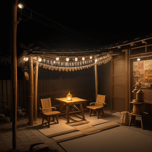 AI generated: A serene nighttime scene of a traditional Indonesian neighborhood, featuring a small, rustic pos ron...