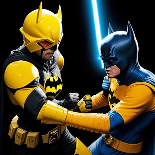 AI generated: YELLOW AND BLUE BATMAN a FIGHTS A BLACK MAN IN A RED ranger SUIT, WITH YELLOW GLOVES AND BOOTS , SUN...