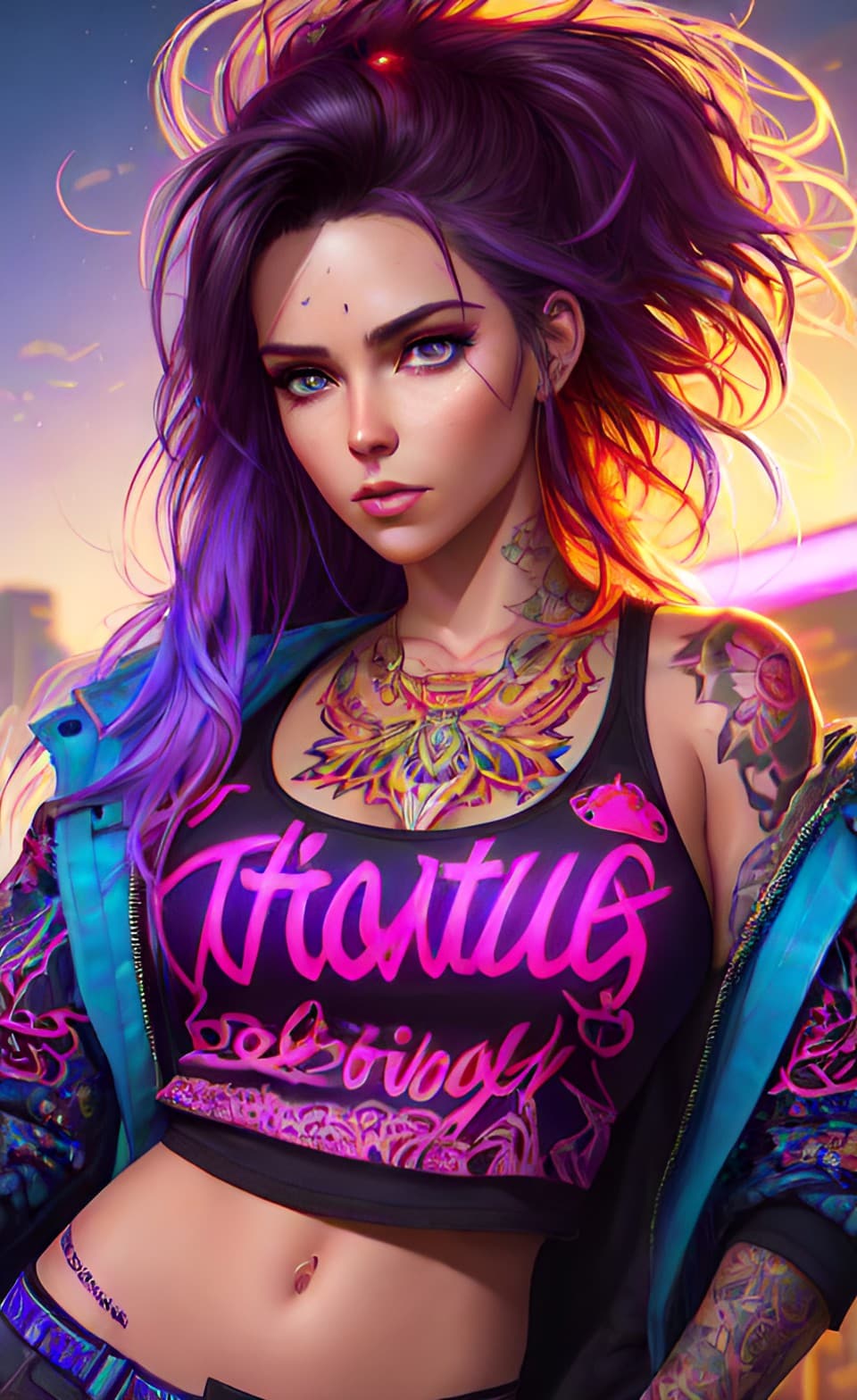 AI generated: Portrait of a beautiful White cyberpunk athletic female, vivid colorful tattoos, bright purple hair,...