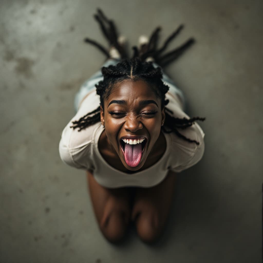 AI generated: black woman, with braids, kneeling on the floor, sticking her tongue out mouth wide open, her arms a...