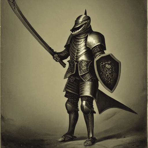 AI generated: Photograph of a shark in an armor, wielding a sword and a shield, high detailed and ornamented
